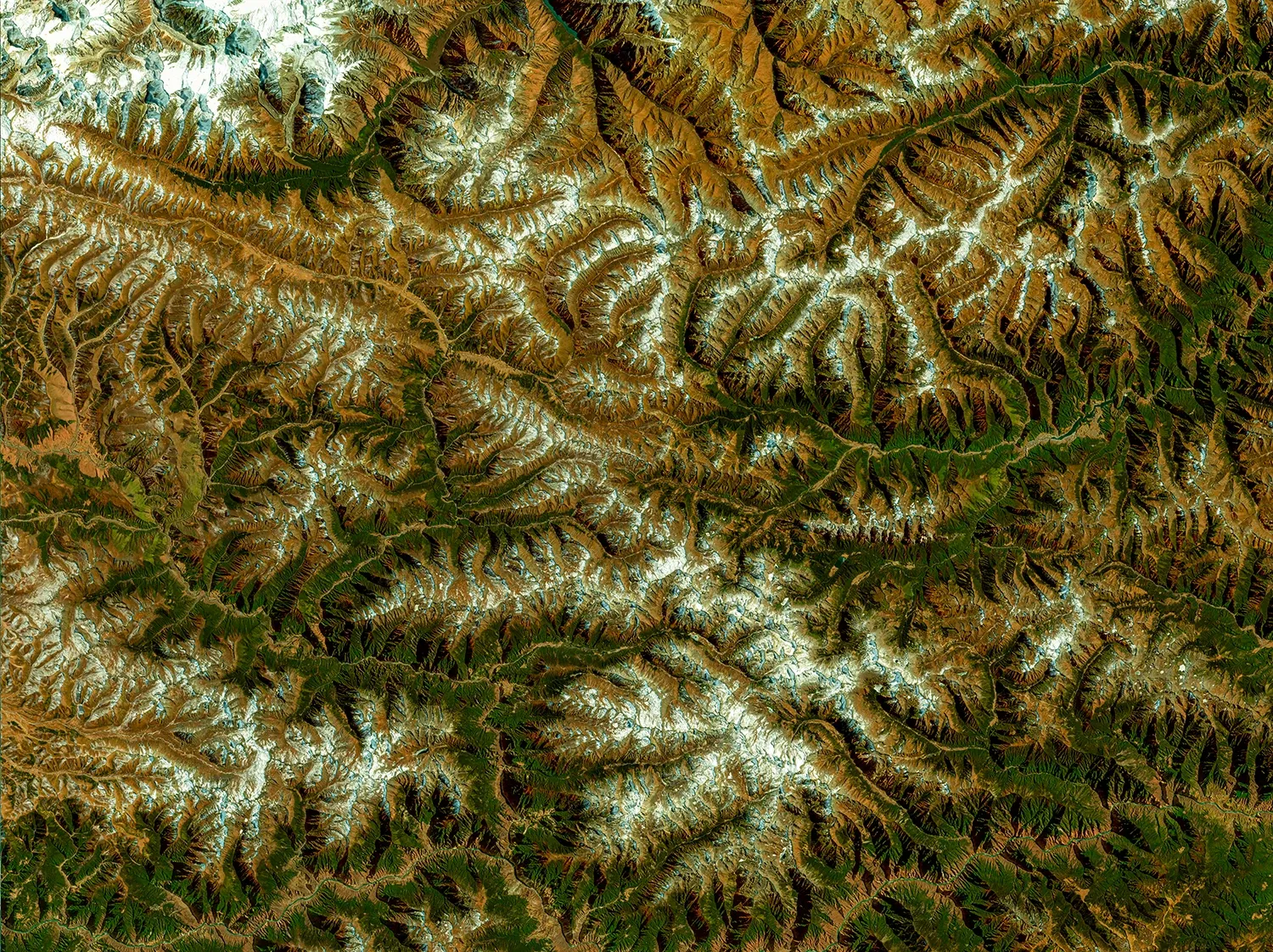 Linzhi — reliefs — Les chaînes de montagnes dessinent des sillons fins, dans une palette de verts et d’ocres.